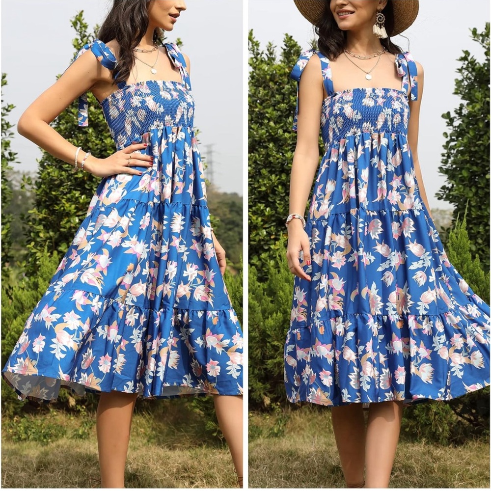 Smocked Floral Tie-strap Midi Sundress